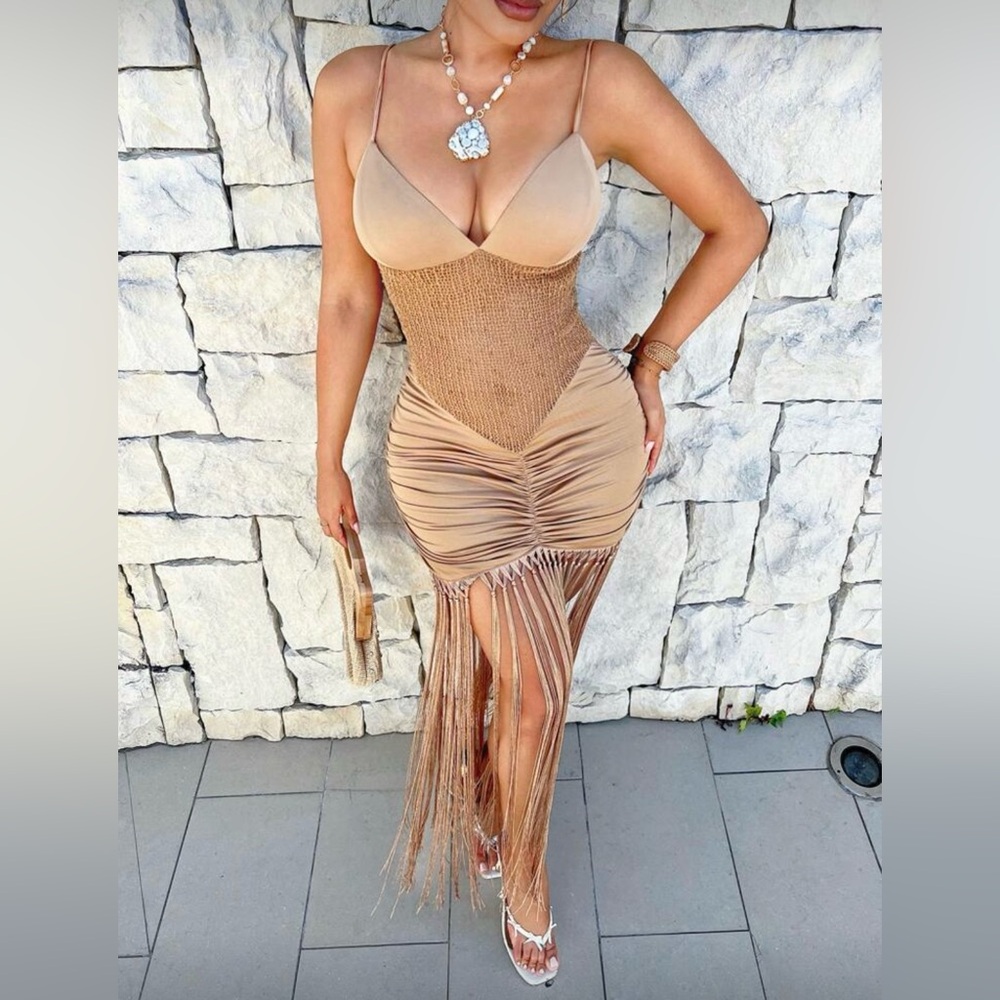 Dollhouse Tan Asymmetrical Fringe Dress